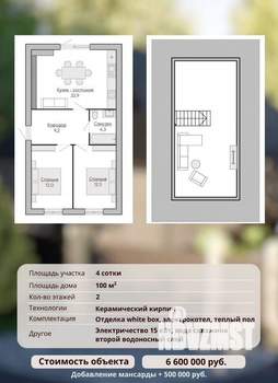Дом 100м², 2-этажный, участок 4 сот.