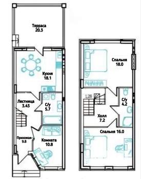Таунхаус 115м&sup2;, 2-этажный, участок 1 сот.  