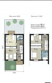 Таунхаус 90м&sup2;, 2-этажный, участок 1 сот.  