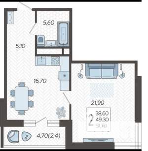 2-к квартира, на длительный срок, 50м2, 4/16 этаж