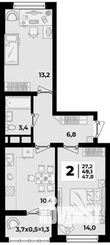 2-к квартира, на длительный срок, 51м2, 18/19 этаж