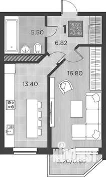 1-к квартира, на длительный срок, 41м2, 13/18 этаж