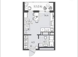 Студия квартира, на длительный срок, 26м2, 17/19 этаж