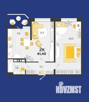 2-к квартира, на длительный срок, 60м2, 3/24 этаж