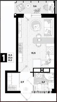 Студия квартира, на длительный срок, 26м2, 16/16 этаж
