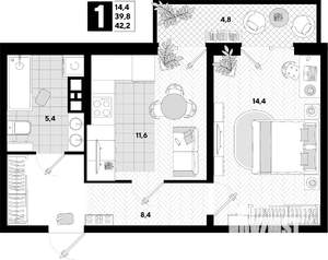 1-к квартира, на длительный срок, 42м2, 10/25 этаж
