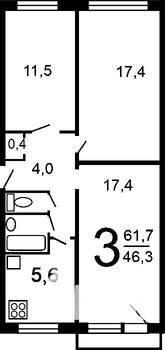 3-к квартира, на длительный срок, 60м2, 5/5 этаж