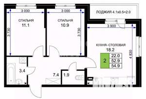 2-к квартира, на длительный срок, 55м2, 2/16 этаж