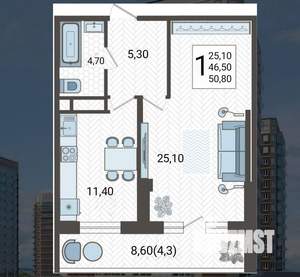 1-к квартира, на длительный срок, 51м2, 2/16 этаж