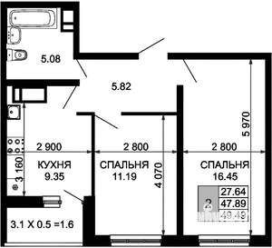 2-к квартира, на длительный срок, 49м2, 16/24 этаж