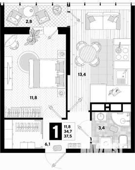 1-к квартира, на длительный срок, 38м2, 15/16 этаж