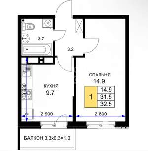 1-к квартира, на длительный срок, 33м2, 14/16 этаж