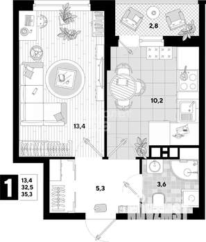 1-к квартира, на длительный срок, 33м2, 8/16 этаж