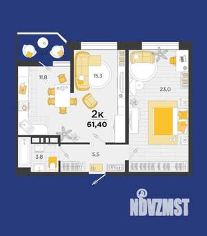 2-к квартира, на длительный срок, 60м2, 3/24 этаж