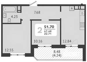 2-к квартира, на длительный срок, 53м2, 4/13 этаж