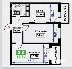 2-к квартира, вторичка, 55м2, 10/19 этаж