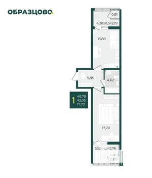 1-к квартира, вторичка, 49м2, 2/21 этаж