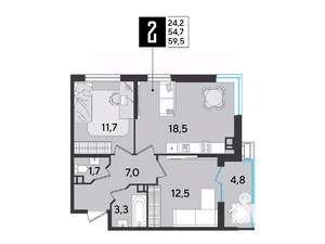 2-к квартира, строящийся дом, 60м2, 6/9 этаж