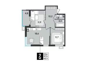 2-к квартира, вторичка, 62м2, 3/9 этаж