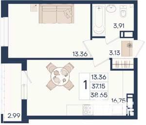1-к квартира, вторичка, 39м2, 4/18 этаж