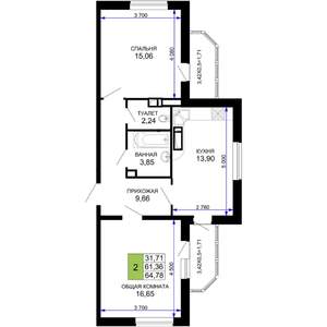 2-к квартира, вторичка, 65м2, 8/19 этаж