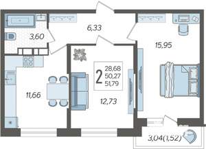 2-к квартира, вторичка, 52м2, 12/19 этаж