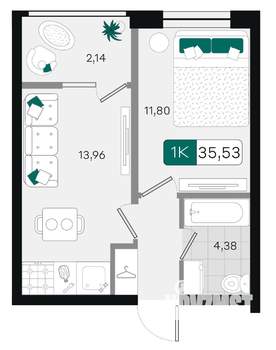 1-к квартира, вторичка, 36м2, 2/9 этаж