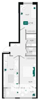 2-к квартира, вторичка, 67м2, 8/9 этаж
