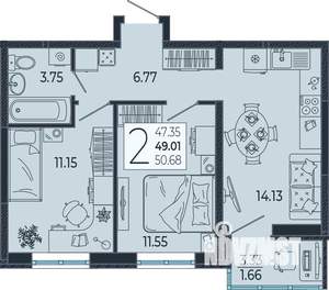 2-к квартира, вторичка, 49м2, 21/21 этаж
