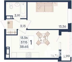 1-к квартира, вторичка, 39м2, 13/18 этаж