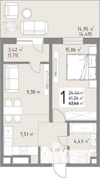 1-к квартира, вторичка, 47м2, 3/15 этаж