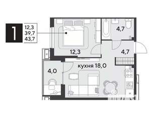 1-к квартира, строящийся дом, 44м2, 2/18 этаж