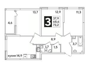 3-к квартира, вторичка, 73м2, 6/16 этаж