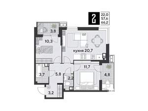 2-к квартира, вторичка, 66м2, 6/18 этаж