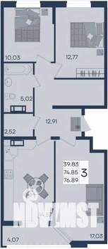 3-к квартира, вторичка, 77м2, 12/18 этаж