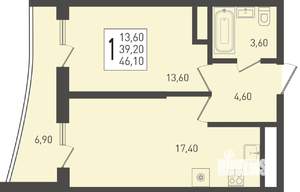 1-к квартира, строящийся дом, 46м2, 19/24 этаж