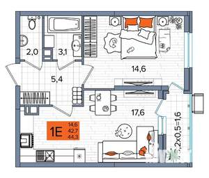 1-к квартира, вторичка, 44м2, 3/16 этаж