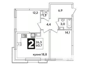 2-к квартира, вторичка, 61м2, 14/16 этаж