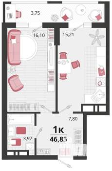 1-к квартира, вторичка, 43м2, 14/18 этаж