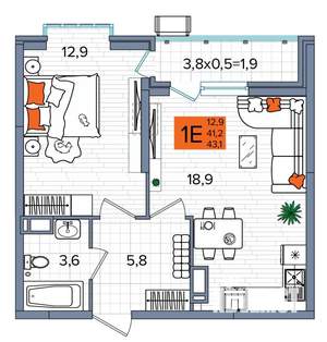 1-к квартира, сданный дом, 43м2, 16/16 этаж