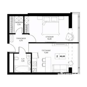 2-к квартира, строящийся дом, 47м2, 8/19 этаж