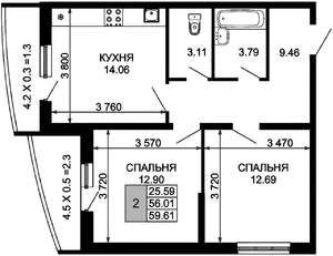 2-к квартира, вторичка, 59м2, 23/25 этаж