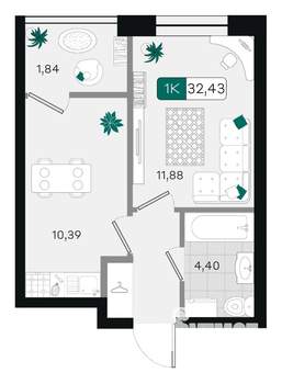 1-к квартира, вторичка, 32м2, 8/9 этаж