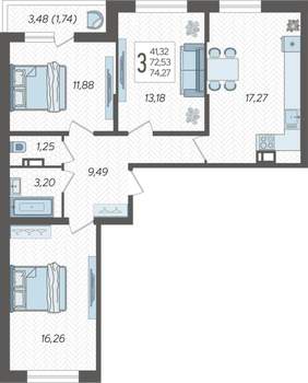 3-к квартира, вторичка, 74м2, 1/19 этаж
