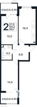 2-к квартира, вторичка, 59м2, 1/4 этаж