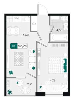 1-к квартира, вторичка, 42м2, 2/18 этаж