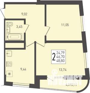 2-к квартира, вторичка, 53м2, 6/24 этаж