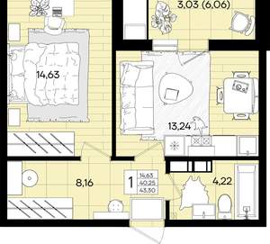 1-к квартира, вторичка, 43м2, 5/18 этаж