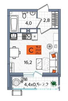 Студия квартира, сданный дом, 25м2, 15/16 этаж
