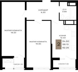 2-к квартира, вторичка, 62м2, 6/21 этаж